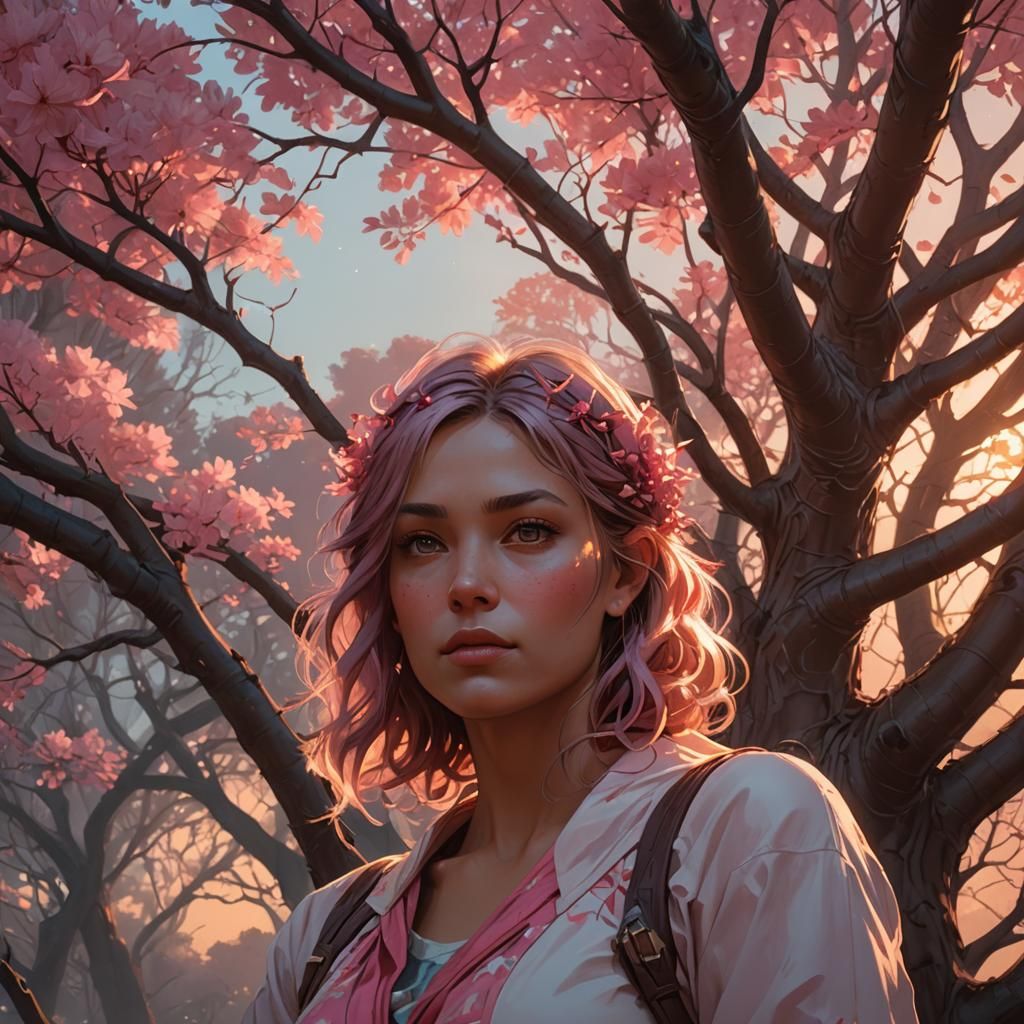 Girl on Sycamore Tree at Sunset: Art Nouveau Portrait