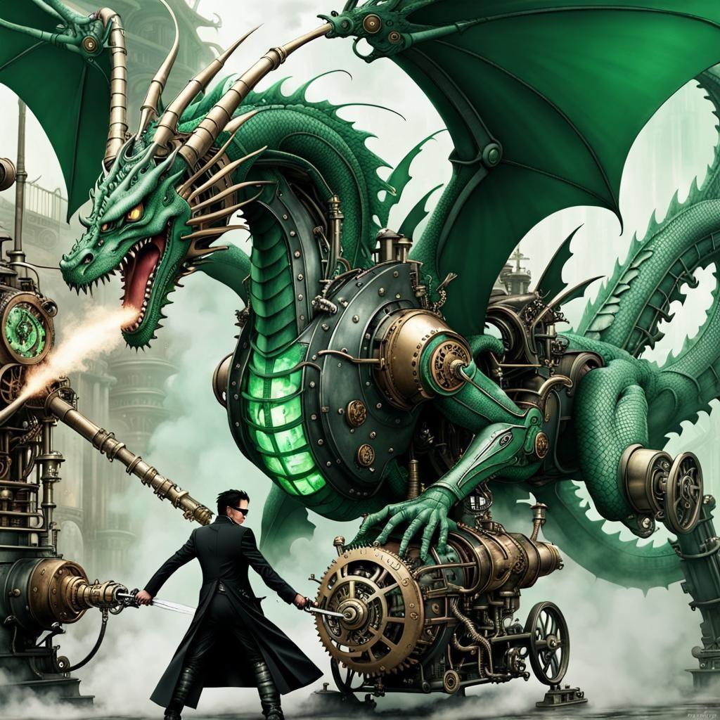 Neo Battles Steampunk Dragon in Matrix Style