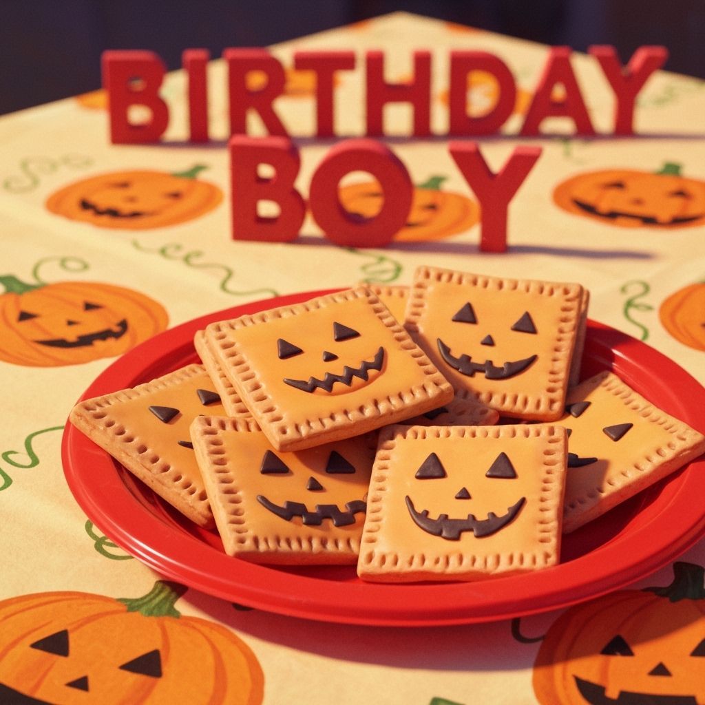 Pop Tarts Decorated as Jack o'lanterns on a Festive Tableclo...
