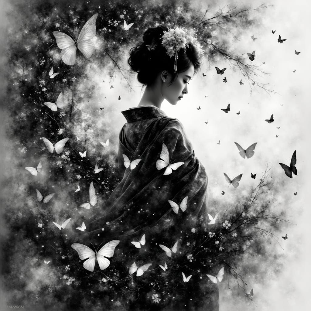 black and white style, Ethereal geisha