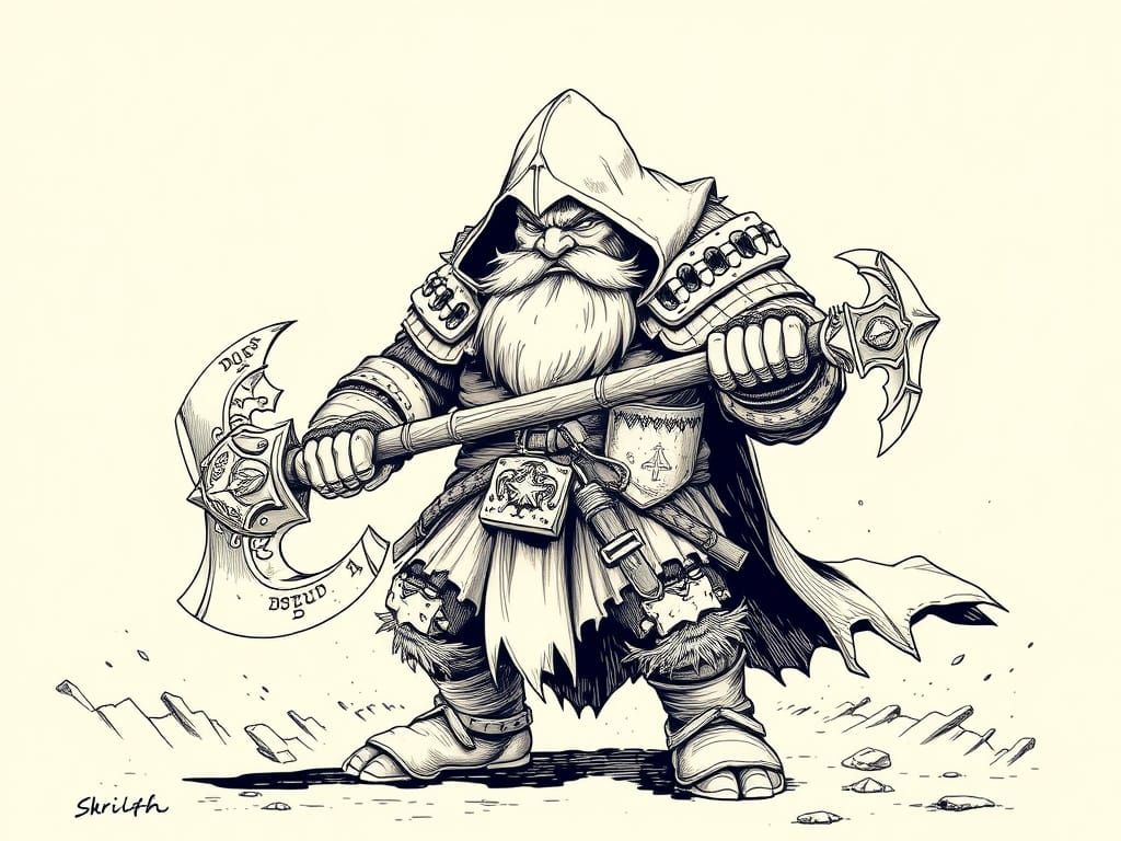 Sepia Ink Drawing of a Dwarf Warrior