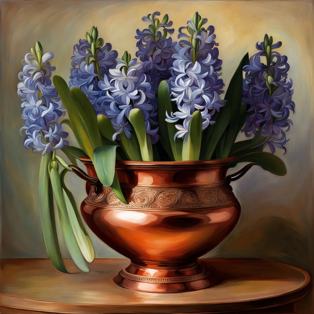 Hyacinths in Copper Pot, Art Nouveau Style