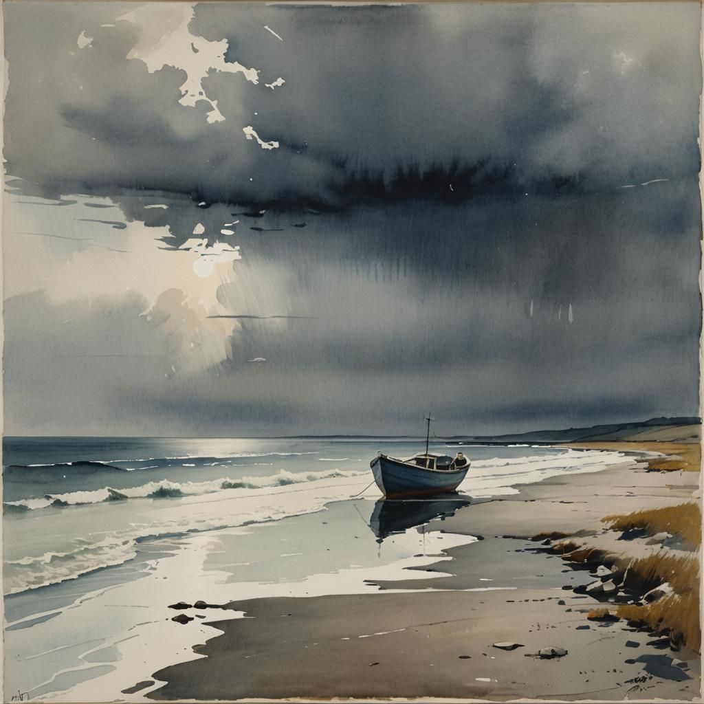 Impressionist Watercolour Boat on Calm Sea