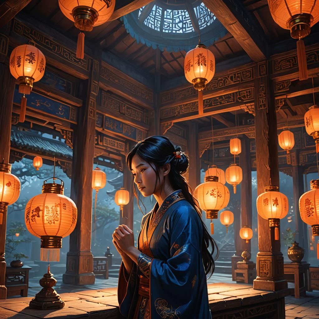Mystical Oriental Pagoda Scene in Fantasy Concept Art