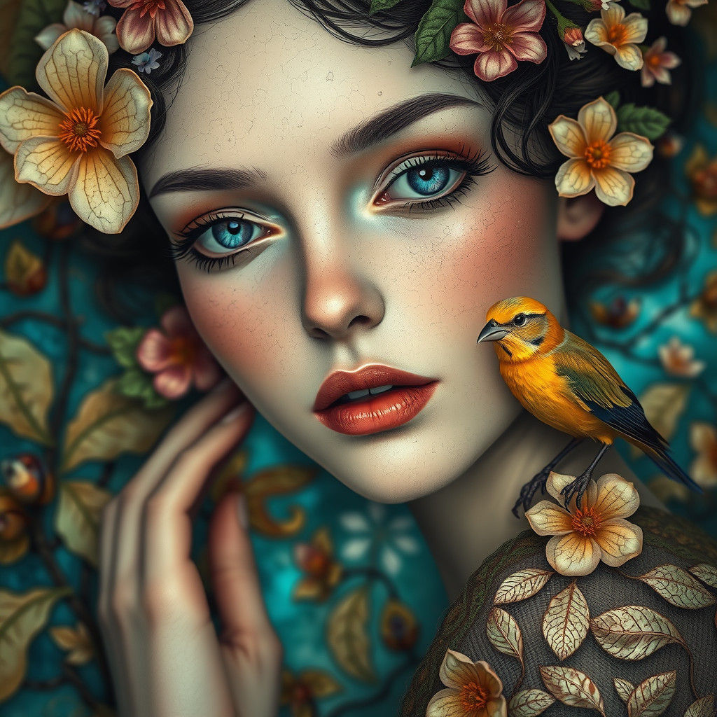 Porcelain Woman Surrounded by Flowers in Surrealist Style