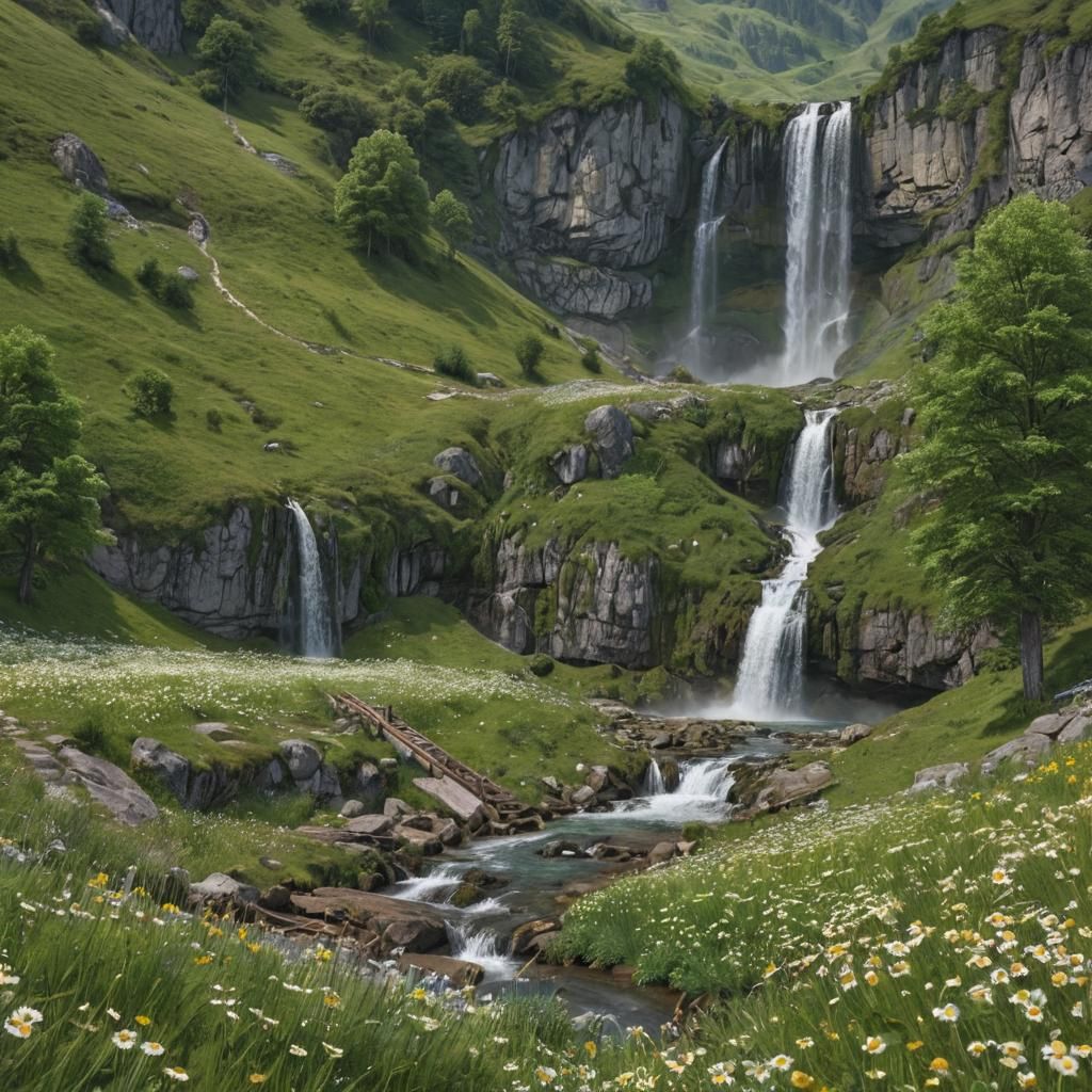Lush Mountain Waterfall Landscape in Detailed Matte Painting