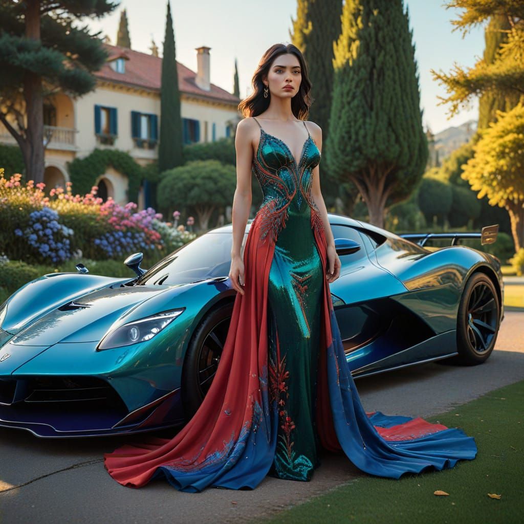 Elegant Woman Beside F1 Car in Sunset Villa Setting