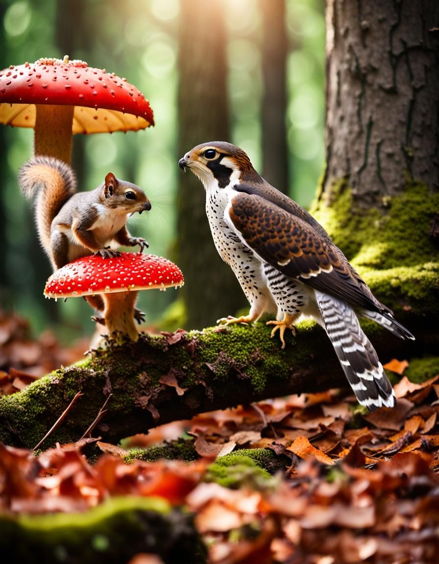 Falcon and Squirrel in Forest, Professional Photography