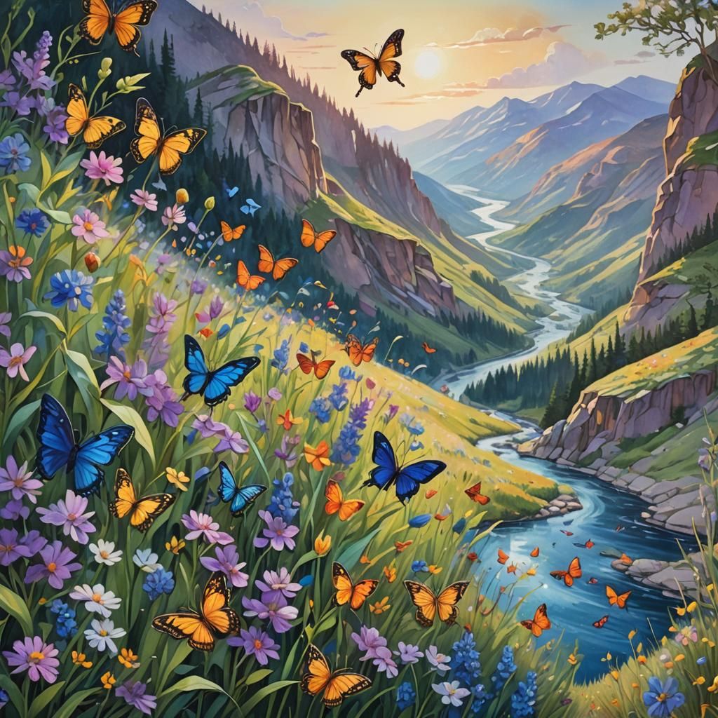 Mountain Landscape with Birds and Butterflies as Gouache Art
