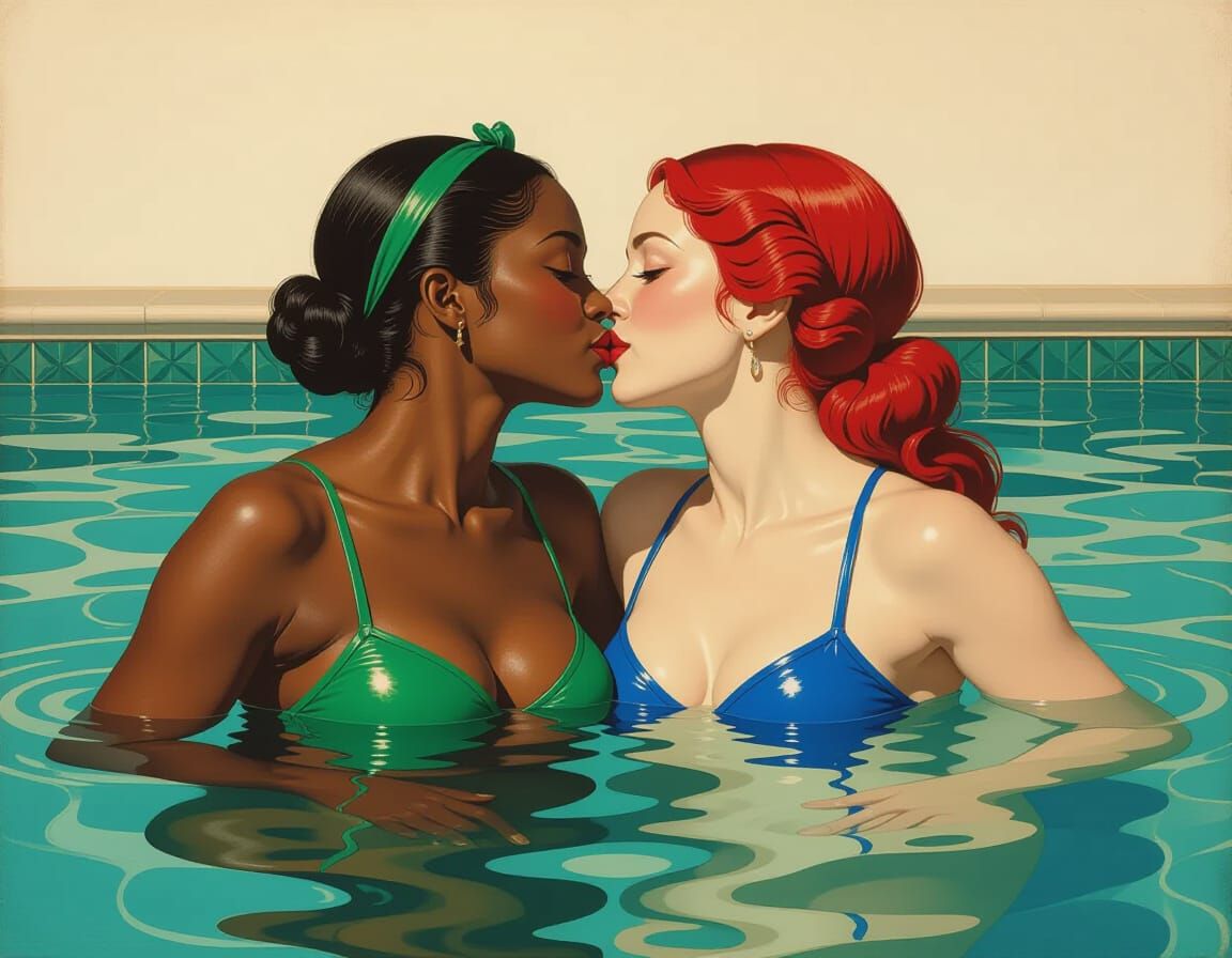 Renaissance Painting of Two Women Kissing in Pool