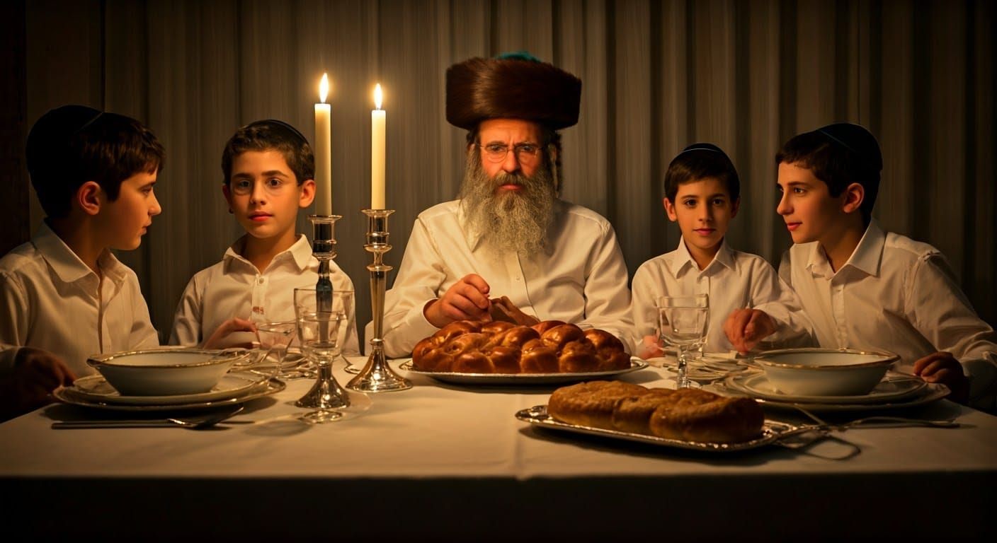 Shabbat Scene: Ultra-Orthodox Hasidic Family in Traditional....