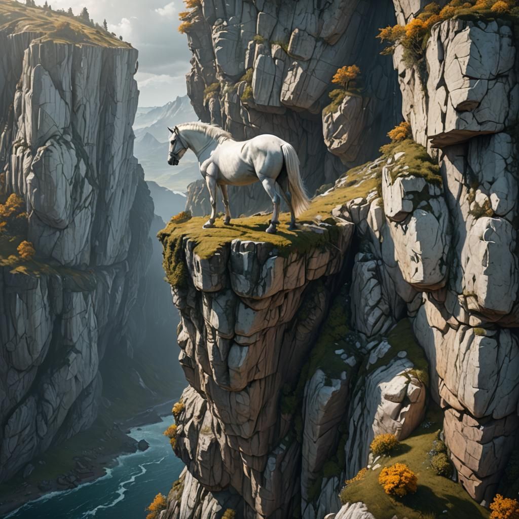 Wild White Horse on Cliff Edge: Fantasy Concept Art