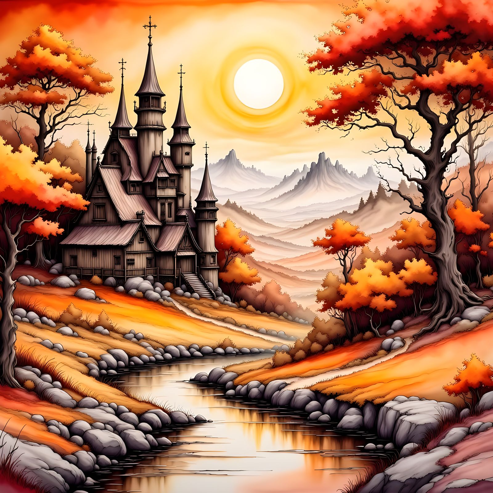 <lora:OneColor-Landscape-F:1.0>  Fantasy fairy world, castle...