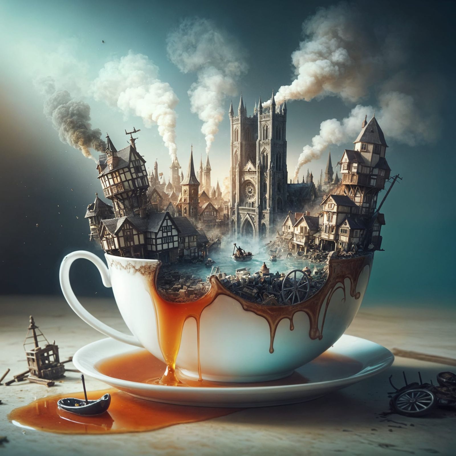 Teacup Town's Mystic Destruction in Dreamlike Photo