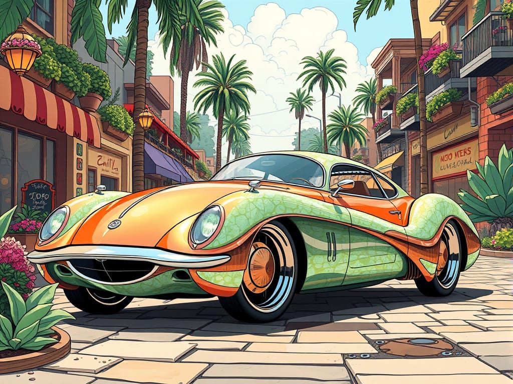 Solarpunk Car in Whimsical Futuristic Streetscape