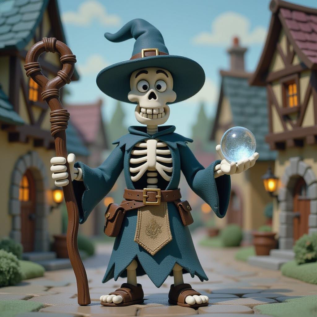 Claymation Skeleton Wizard in Medieval Village