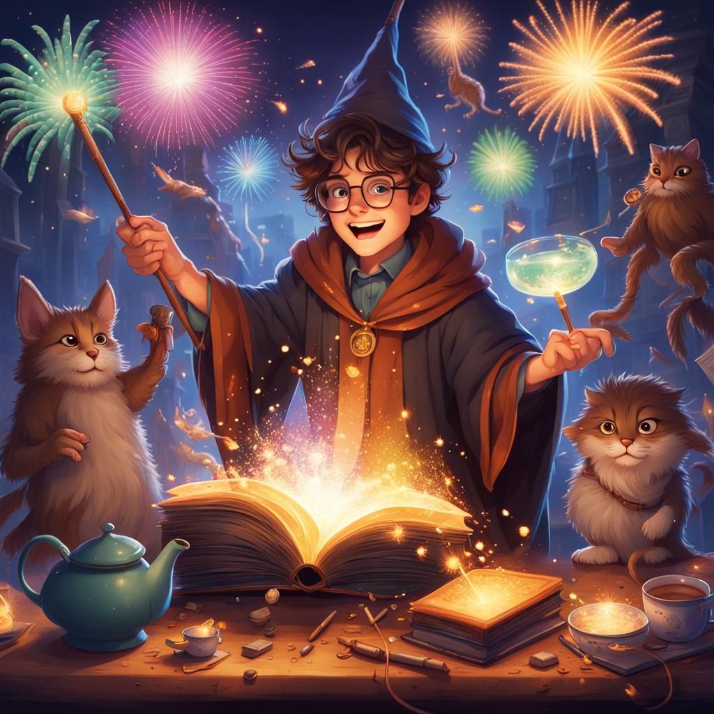 Young Wizard Practicing Spells with Magical Creatures