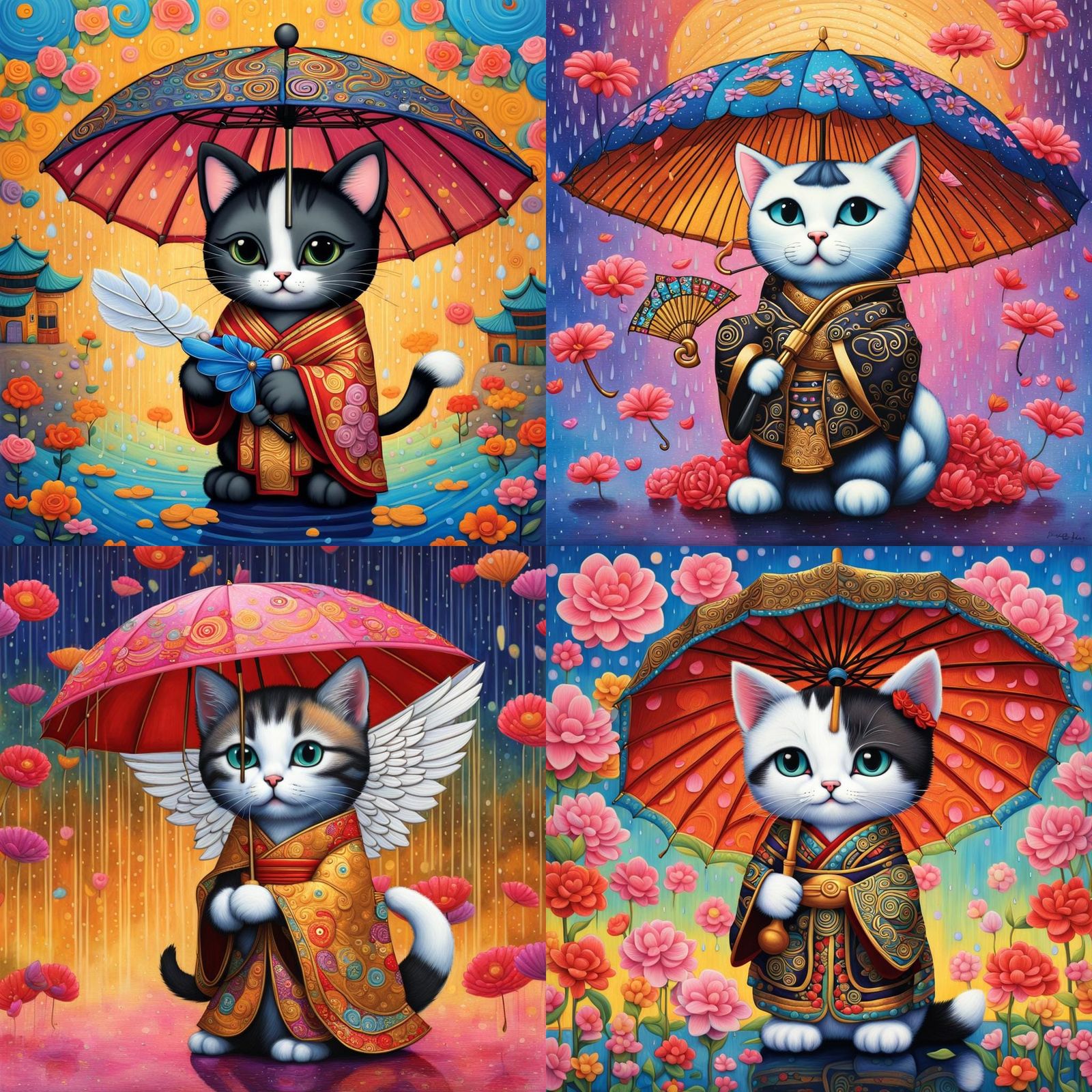 Kitten Angel Protecting Geisha in Colorful Digital Art