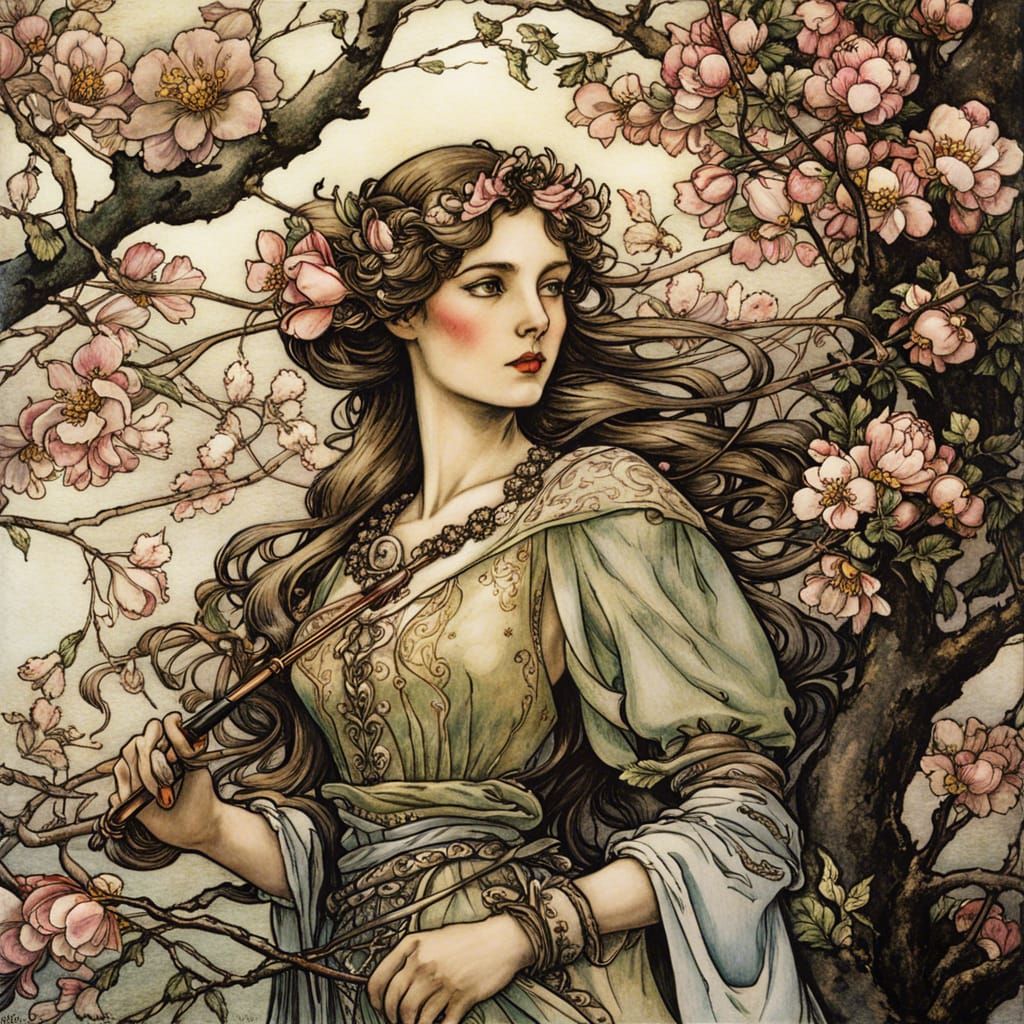 Medieval Maiden in Spring, Arthur Rackham Style