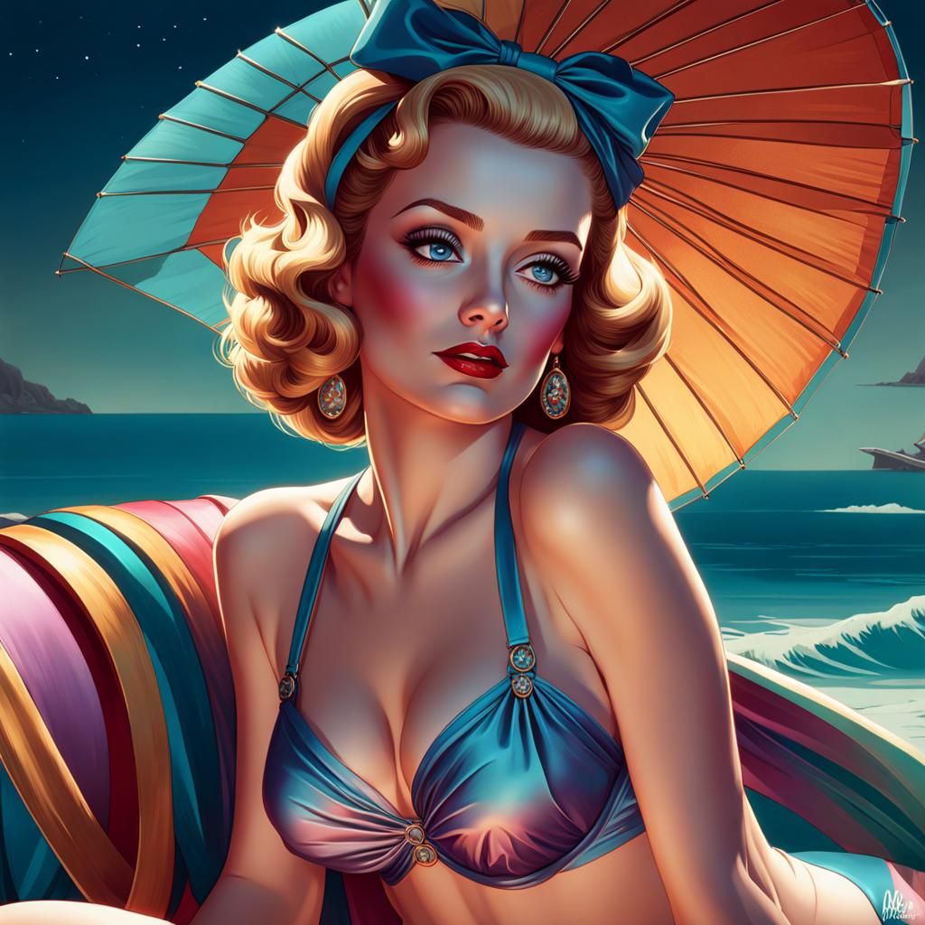 Bette Davis pinup girl small bikini. (((Whole body, ))) 8k resolution concept art  by Greg Rutkowski, Artgerm, WLOP, Alp...