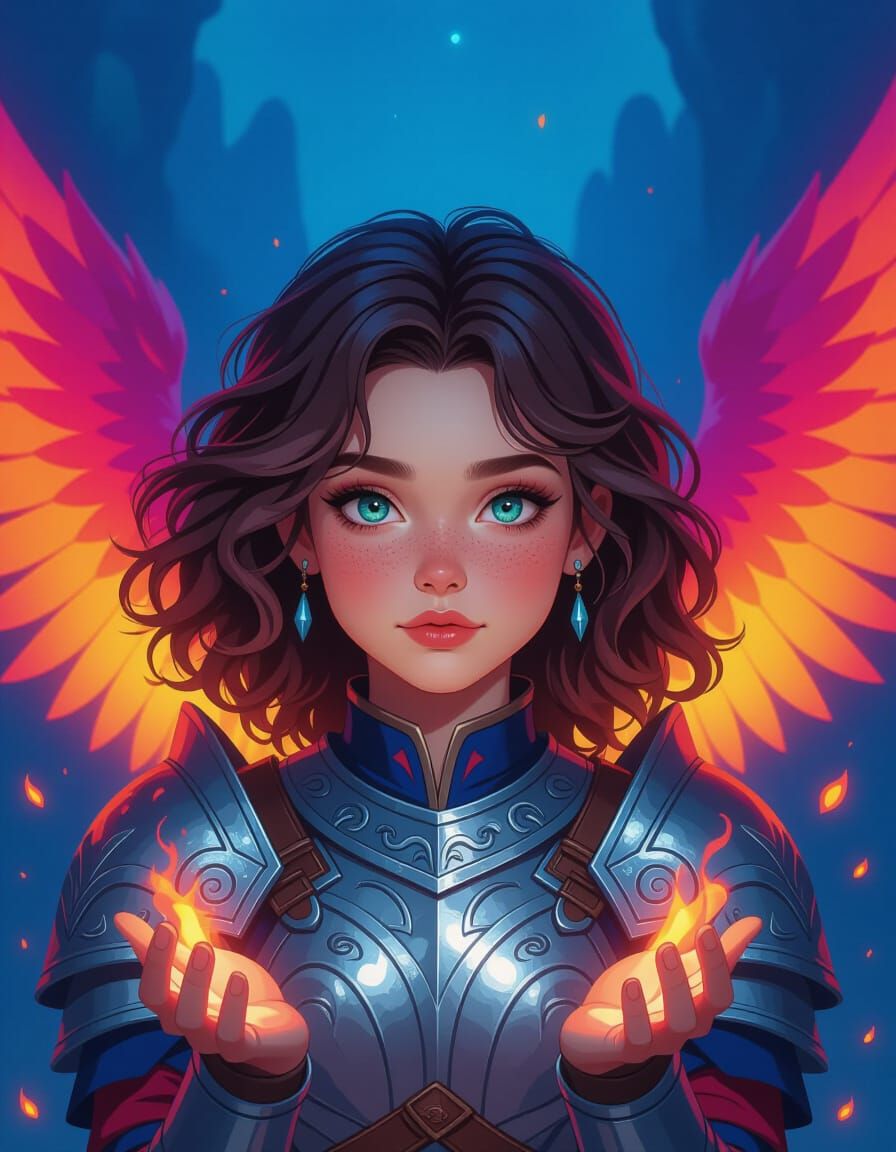 Fantasy Warrior Girl With Fiery Phoenix Wings