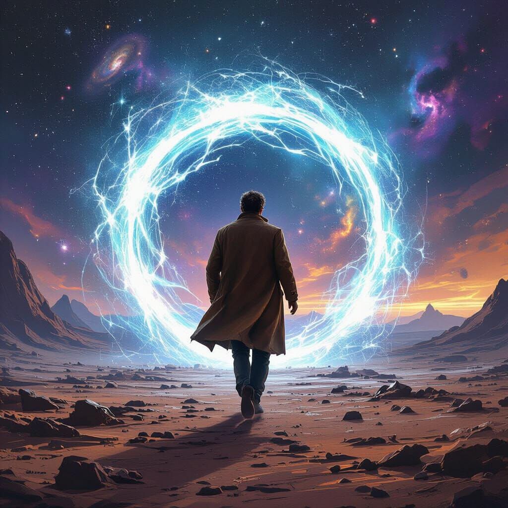 Doctor Enters Cosmic Portal in Neo-Futuristic Style