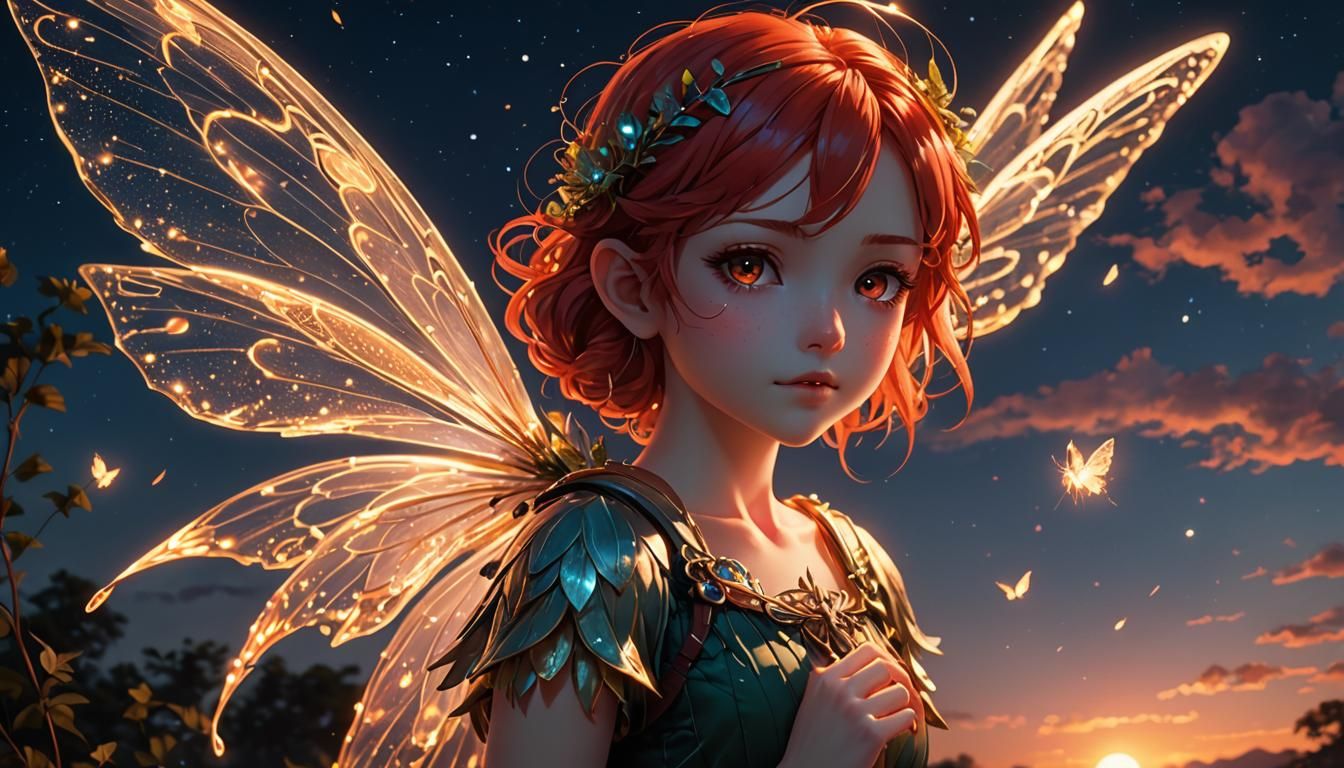 Anime Wind Fairy with Bioluminescent Red Hair