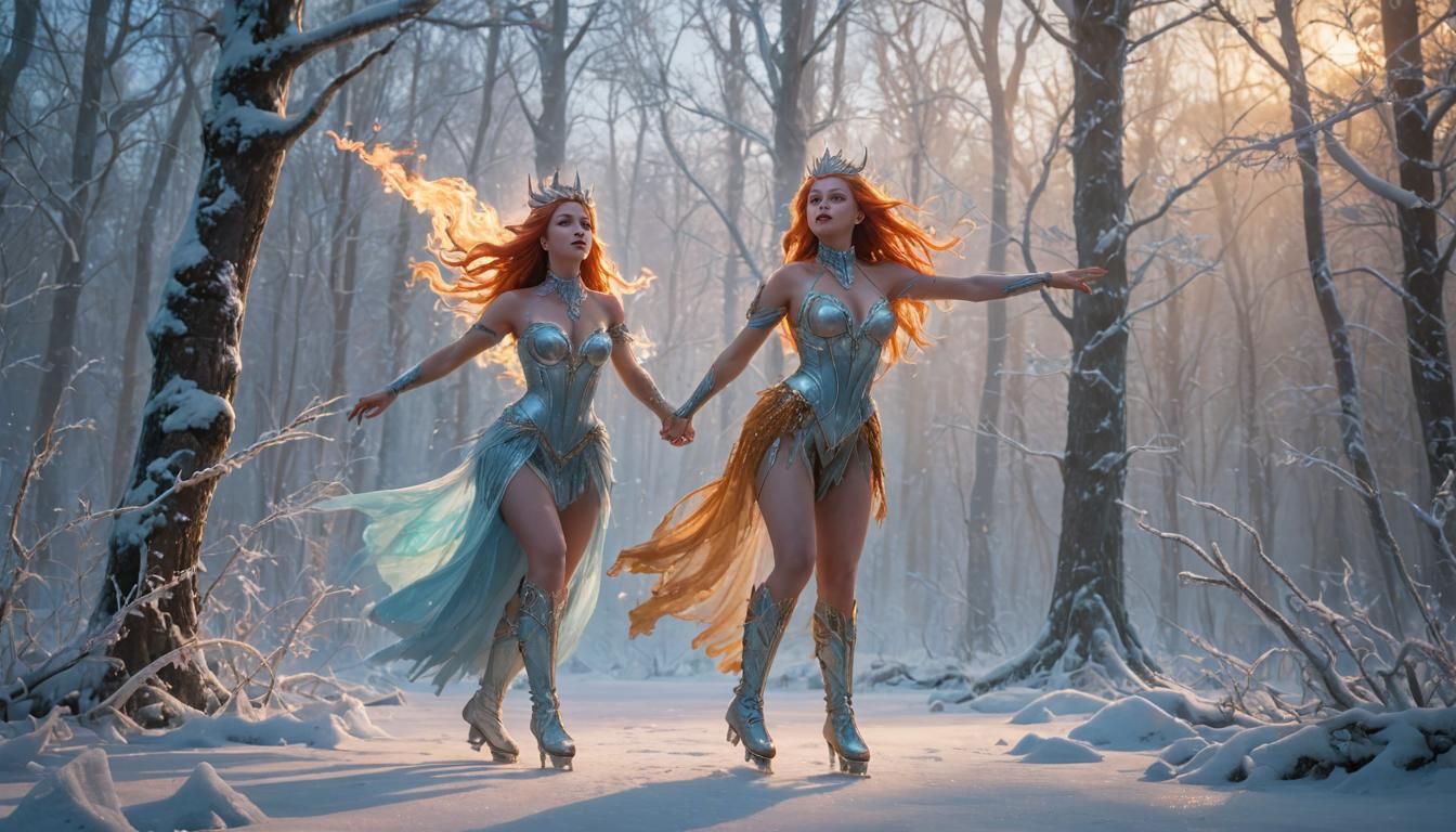 Fire Queen Ice Skating in Mystical Forest