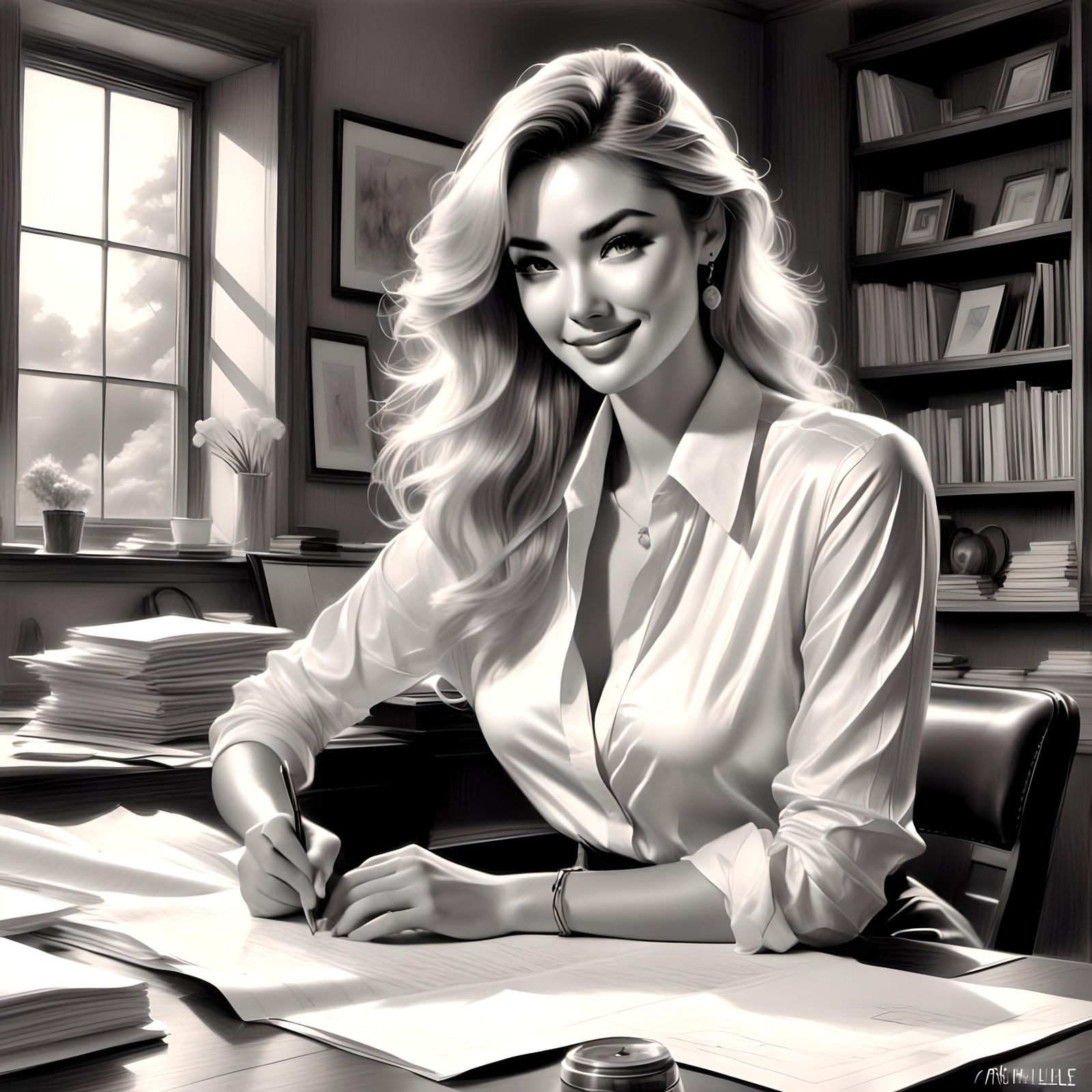 Pencil Sketch of a Blonde Woman at Work