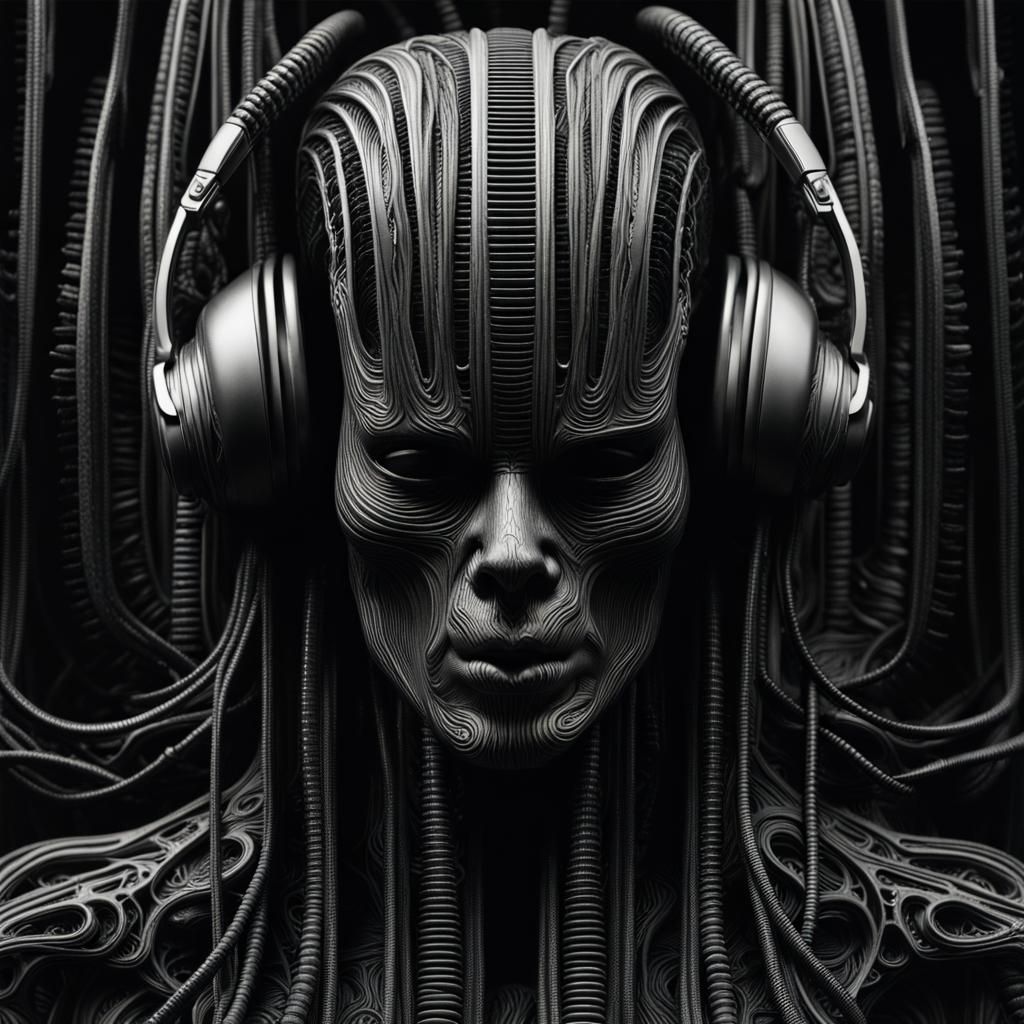 Surreal Head with Headphones in Biomechanical Style