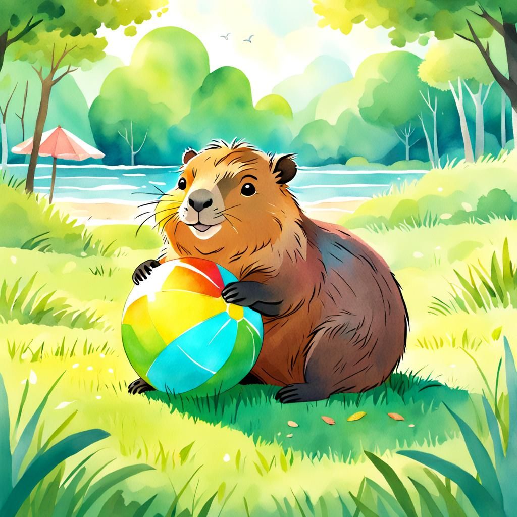 Capybara Beach Ball: Watercolor Cartoon Illustration