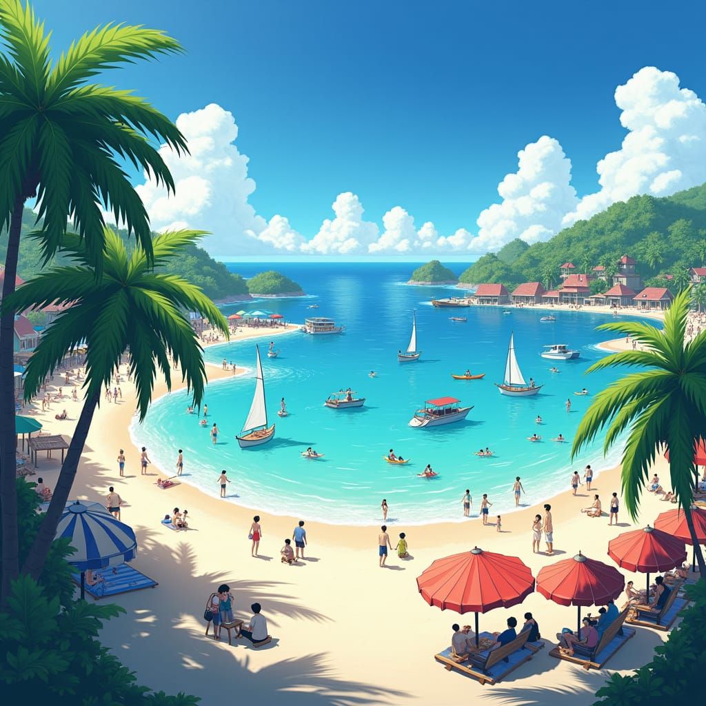 Idyllic Beach Scene in Anime Style