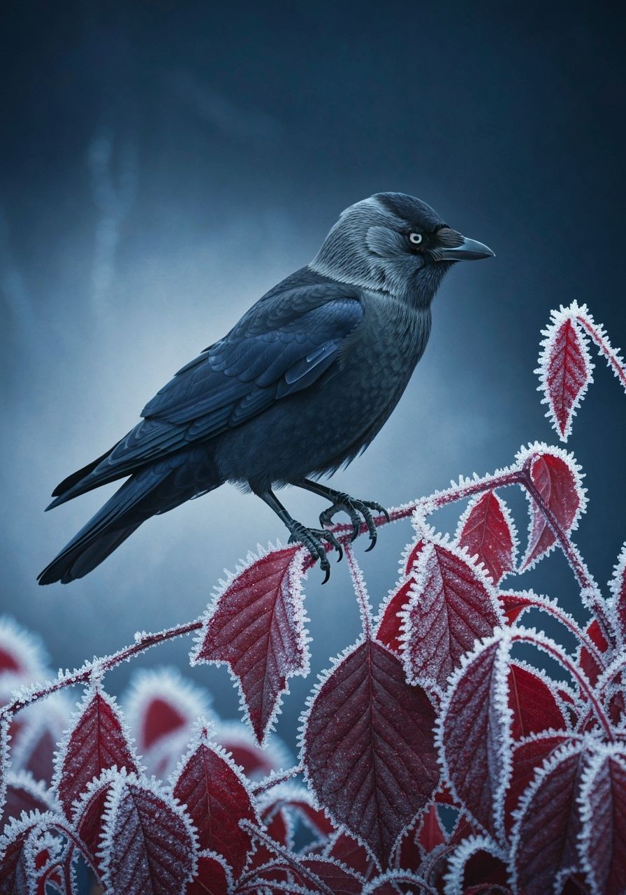 Jackdaw on Frosty Red Leaves in Chiaroscuro