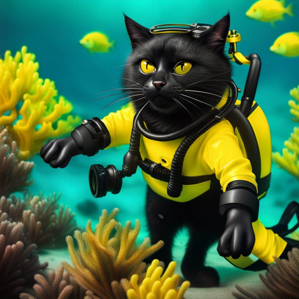 Scuba Cat Explores Turquoise Ocean Depths
