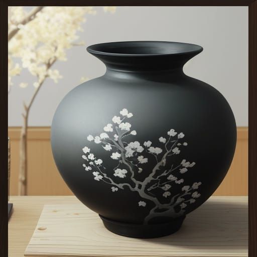 Japanese Sumi-e Vase in Ink on Rice Paper