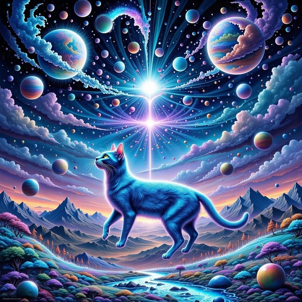 Mystical Cat in Psychedelic Cosmic Dreamscape
