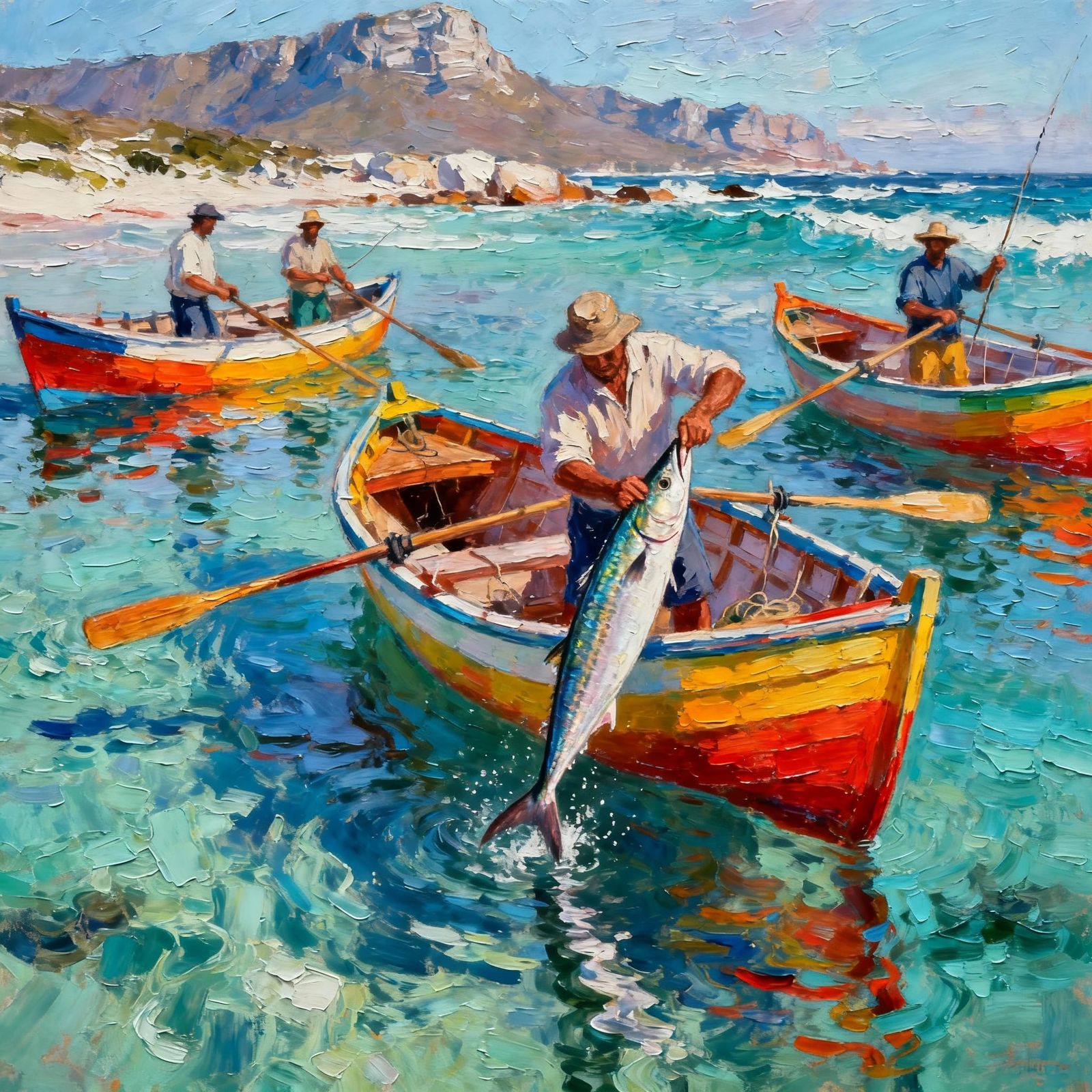 Fishermen in Colorful Boats with Snoek Fish in Paternoster