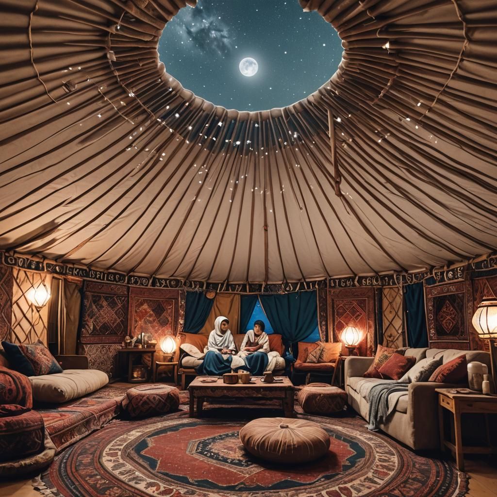 Yurt Interior at Night Under Full Moon