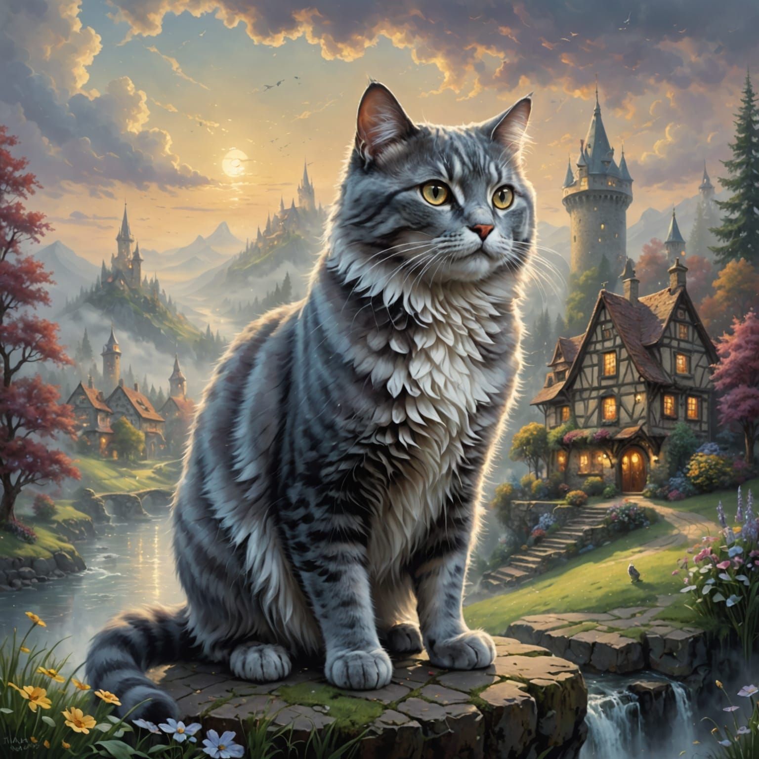 Whimsical Gray Cat Meets Mystical Swiss Cheese in an Etherea...