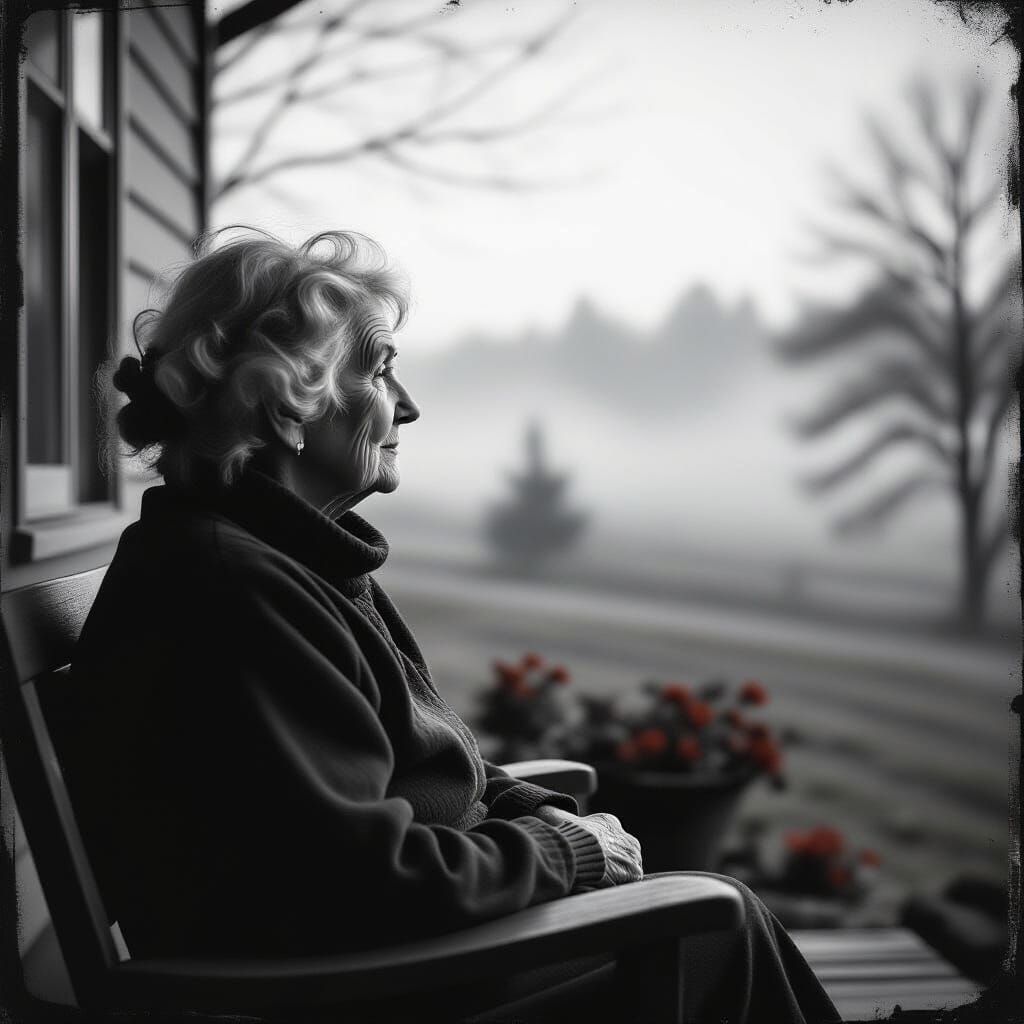 Elderly Woman Contemplates Misty Landscape in Vintage Style