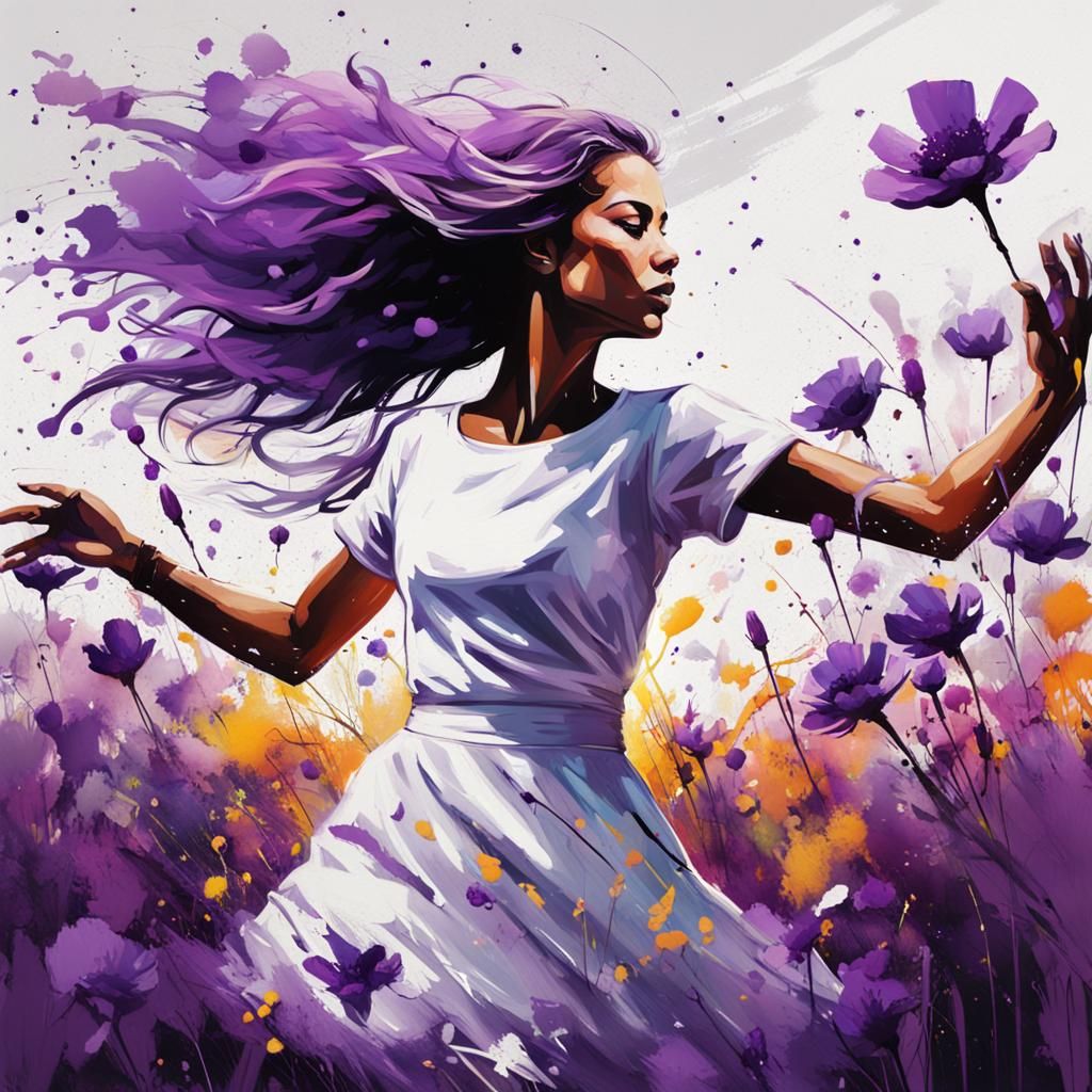 Woman Dancing in Purple Flower Field: Graffiti Art