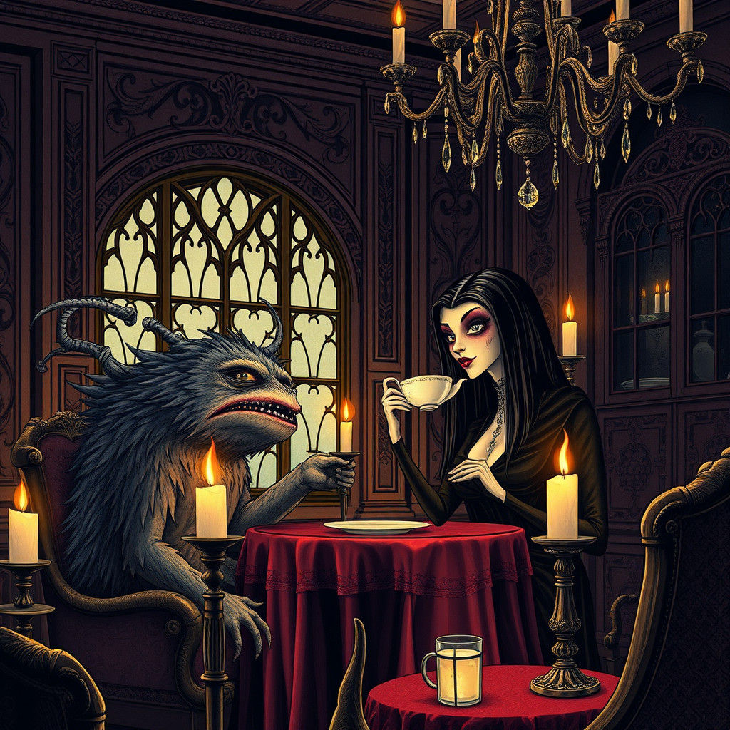 Morticia Addams Tea Party: Gothic Horror Illustration