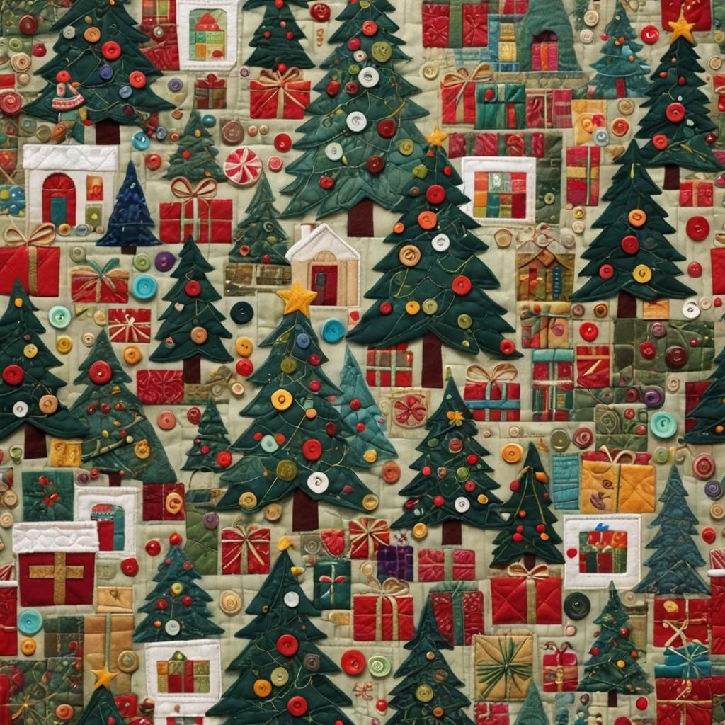 Colorful Quilted Christmas Scene with Buttons