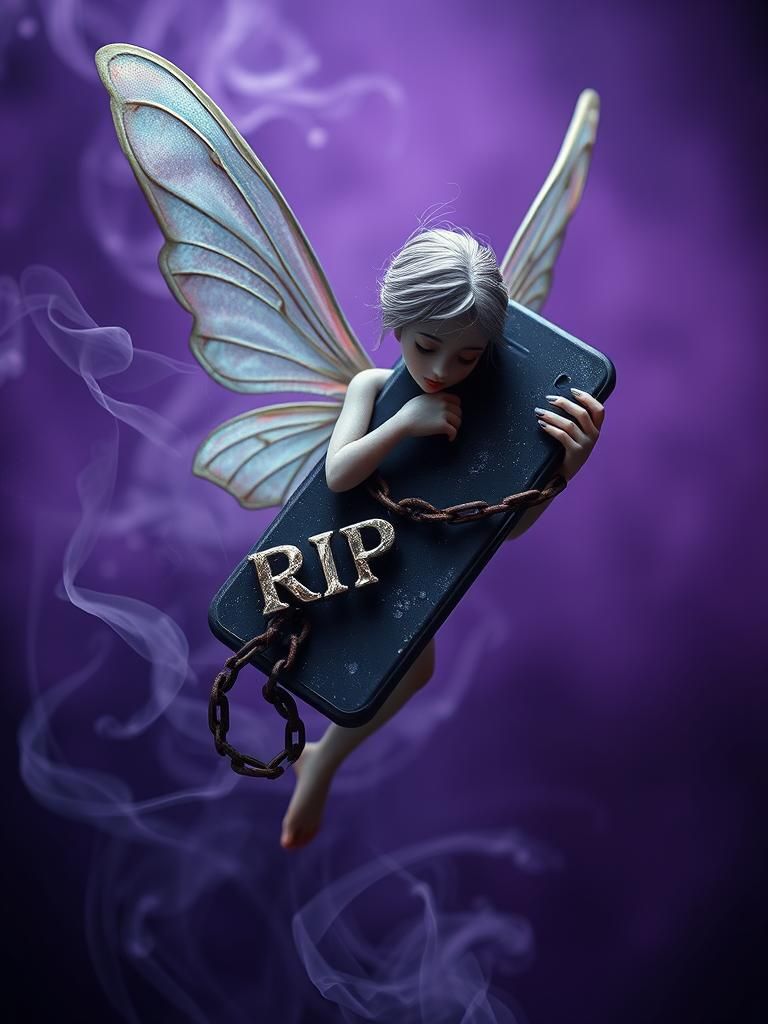 Distressed Fairy Chained to Phone in Dreamlike Haze