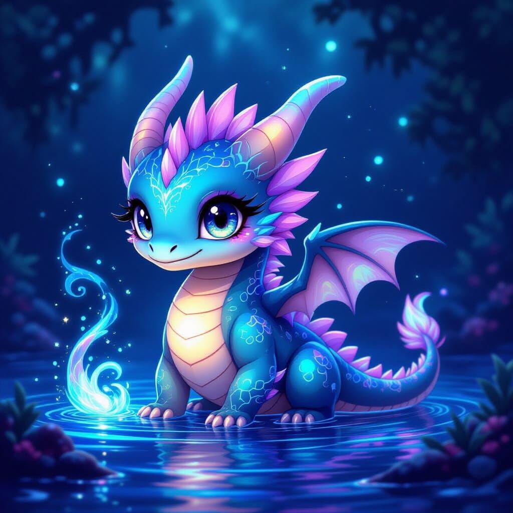 Chibi Dragon with Arcane Symbiote in Bioluminescent Ocean