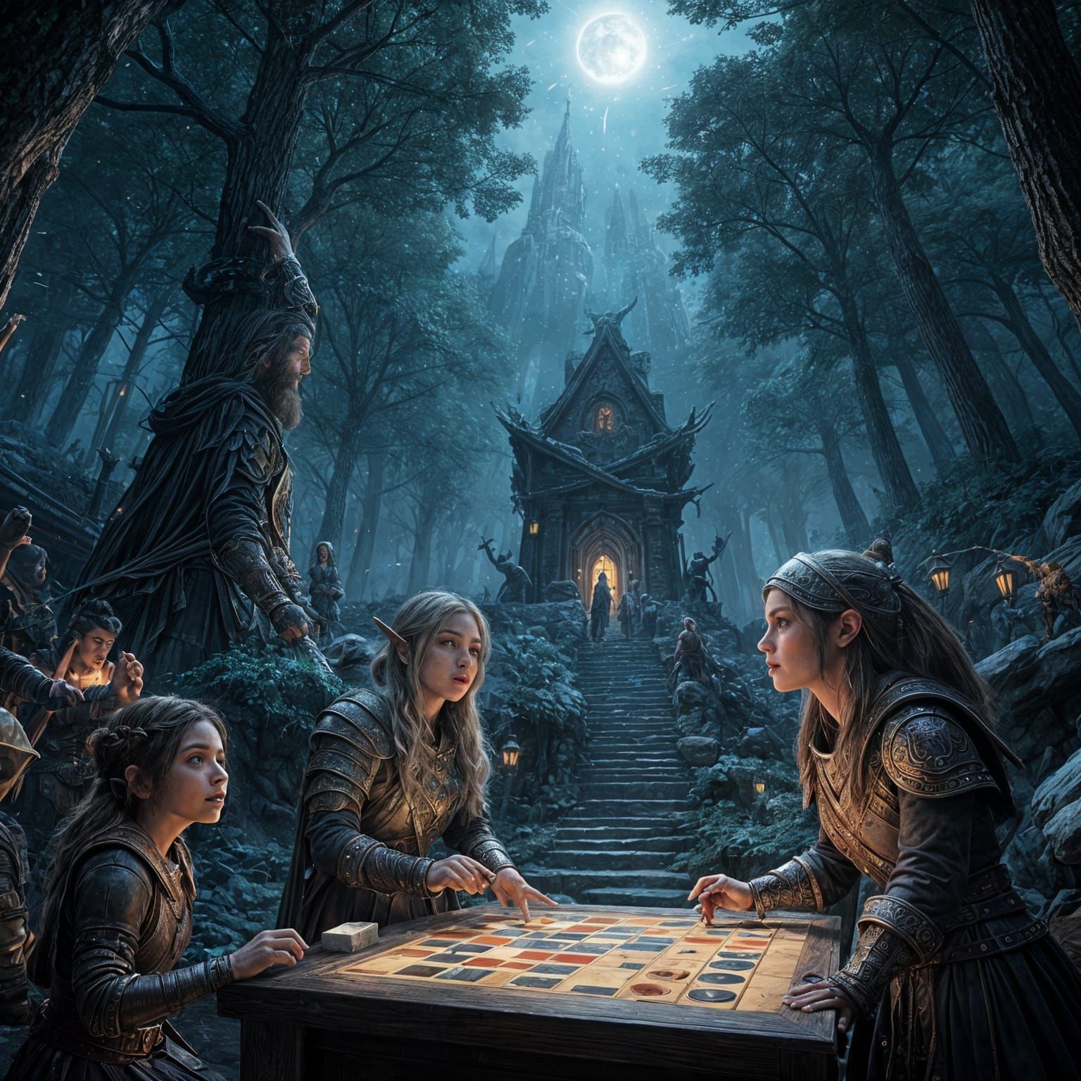 Fantasy Adventurers Gaze Up at Falling Dice