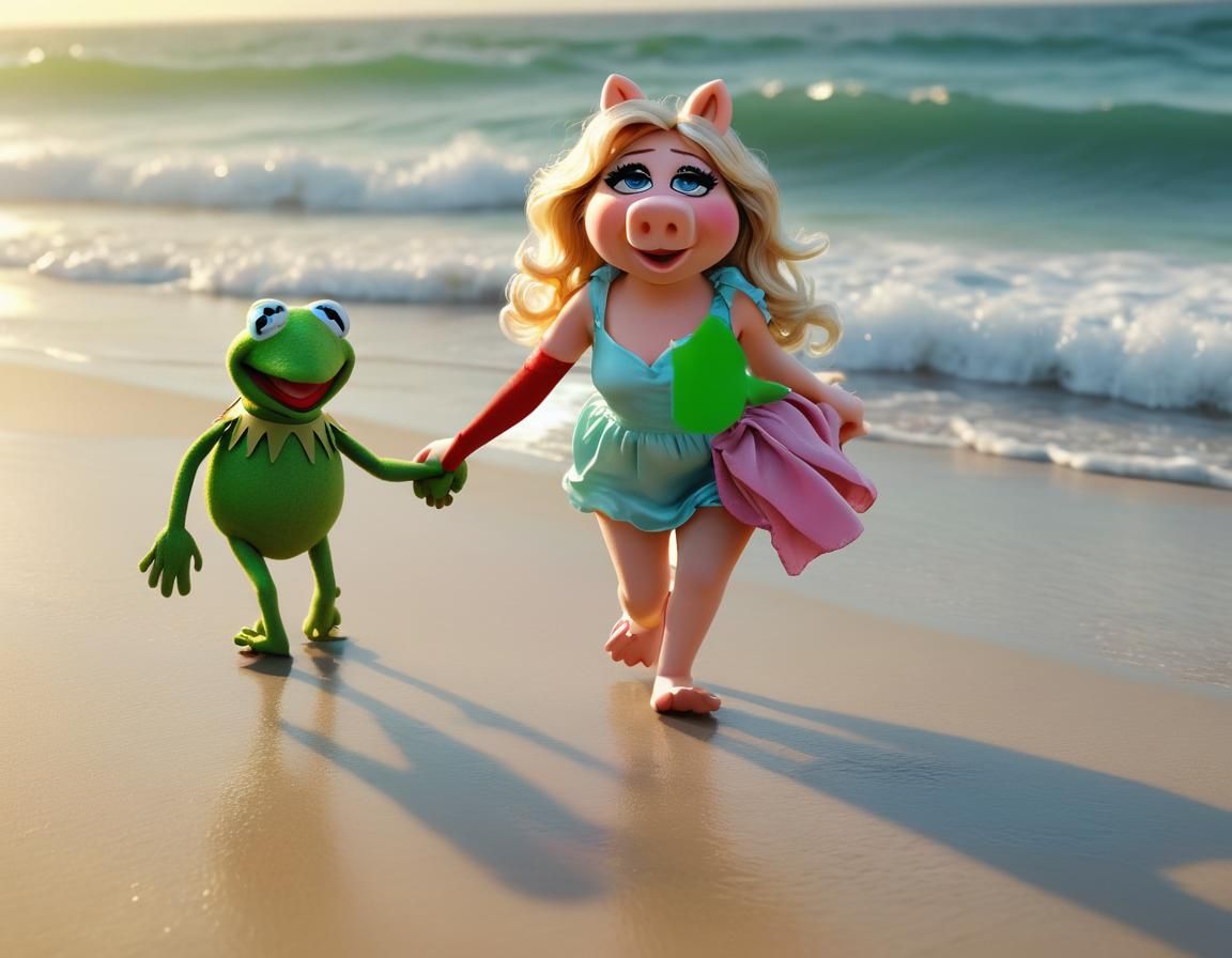 Kermit the Frog and Miss Piggy at the beach