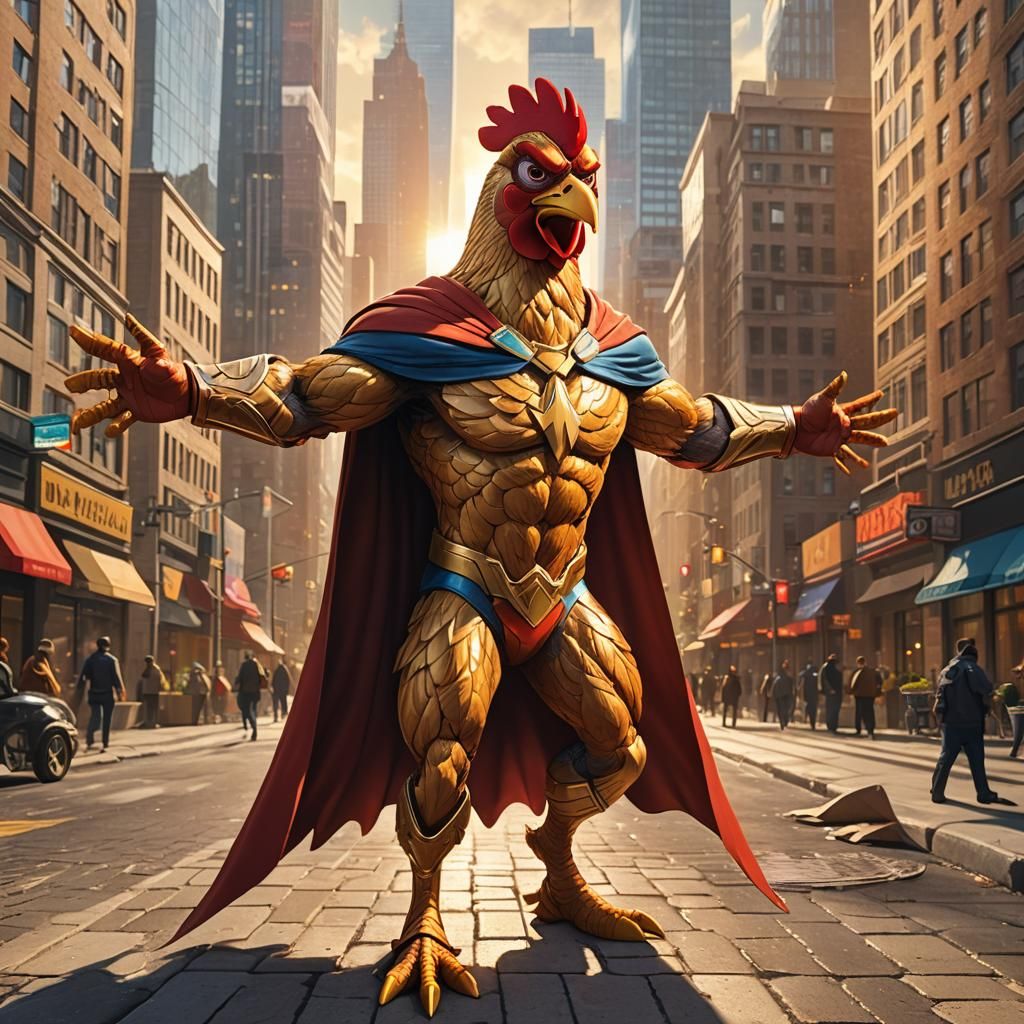 Heroic Super Chicken in a Vibrant City Square