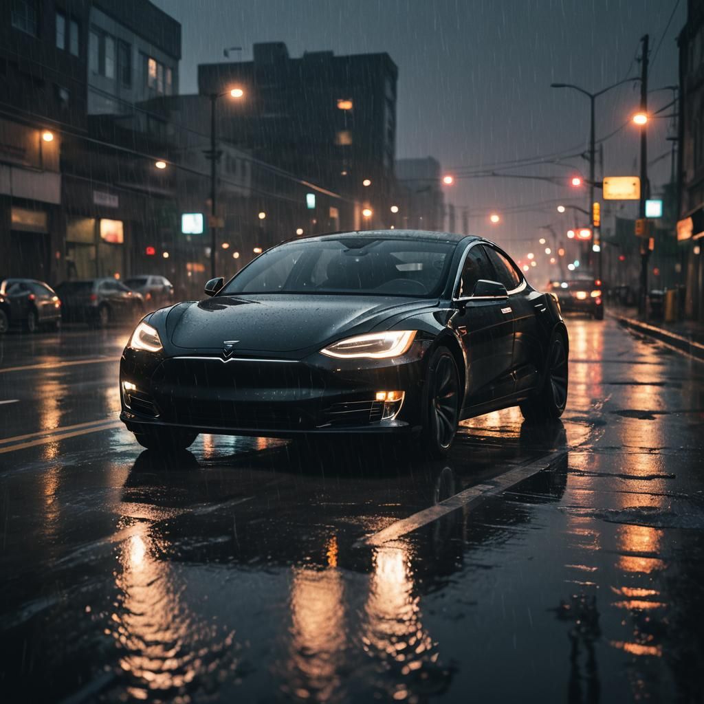 Android Drives Black Tesla on Rainy Highway