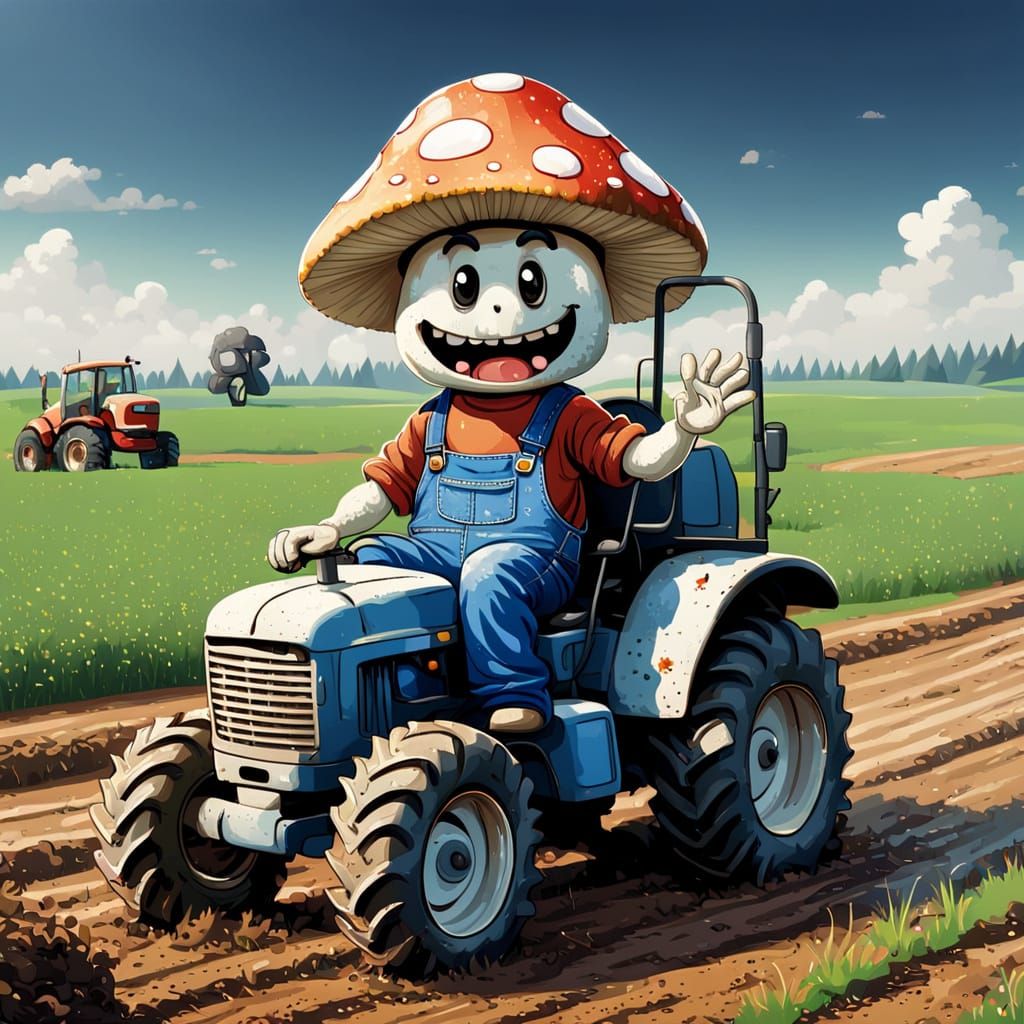 Rural Tractor Driver as a Happy Mushroom